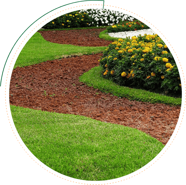 Park design stone pathways in grass with flower beds