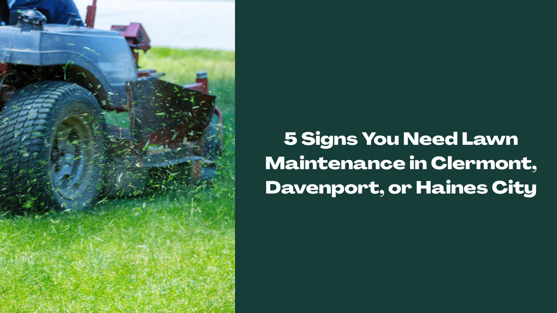 Riding lawn mower cutting grass with clippings flying — representing lawn maintenance services in Clermont, Davenport, and Haines City, Florida