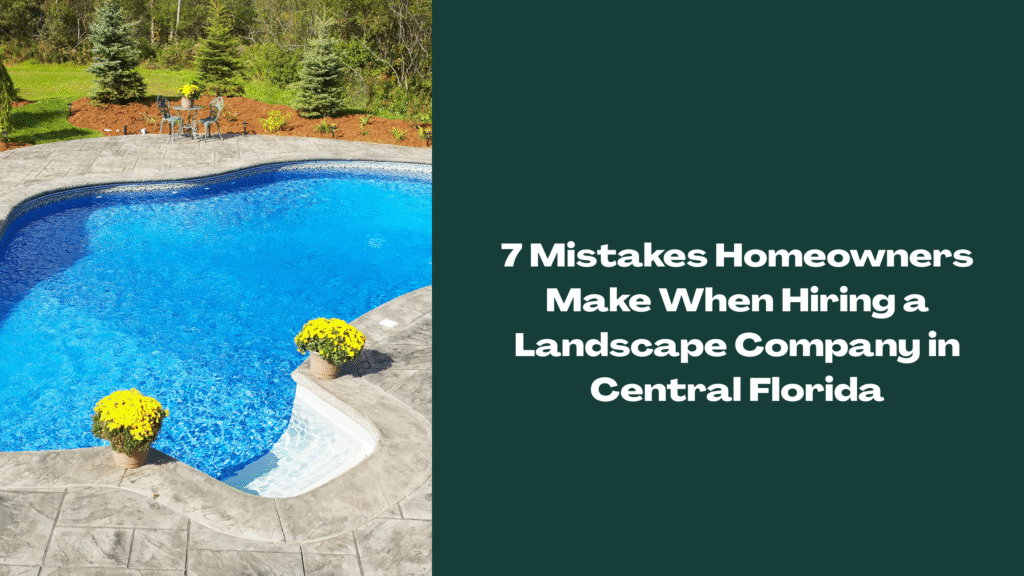 Inground pool with stamped concrete, flower pots, and mulched landscaping — illustrating a professionally maintained residential landscape in Central Florida