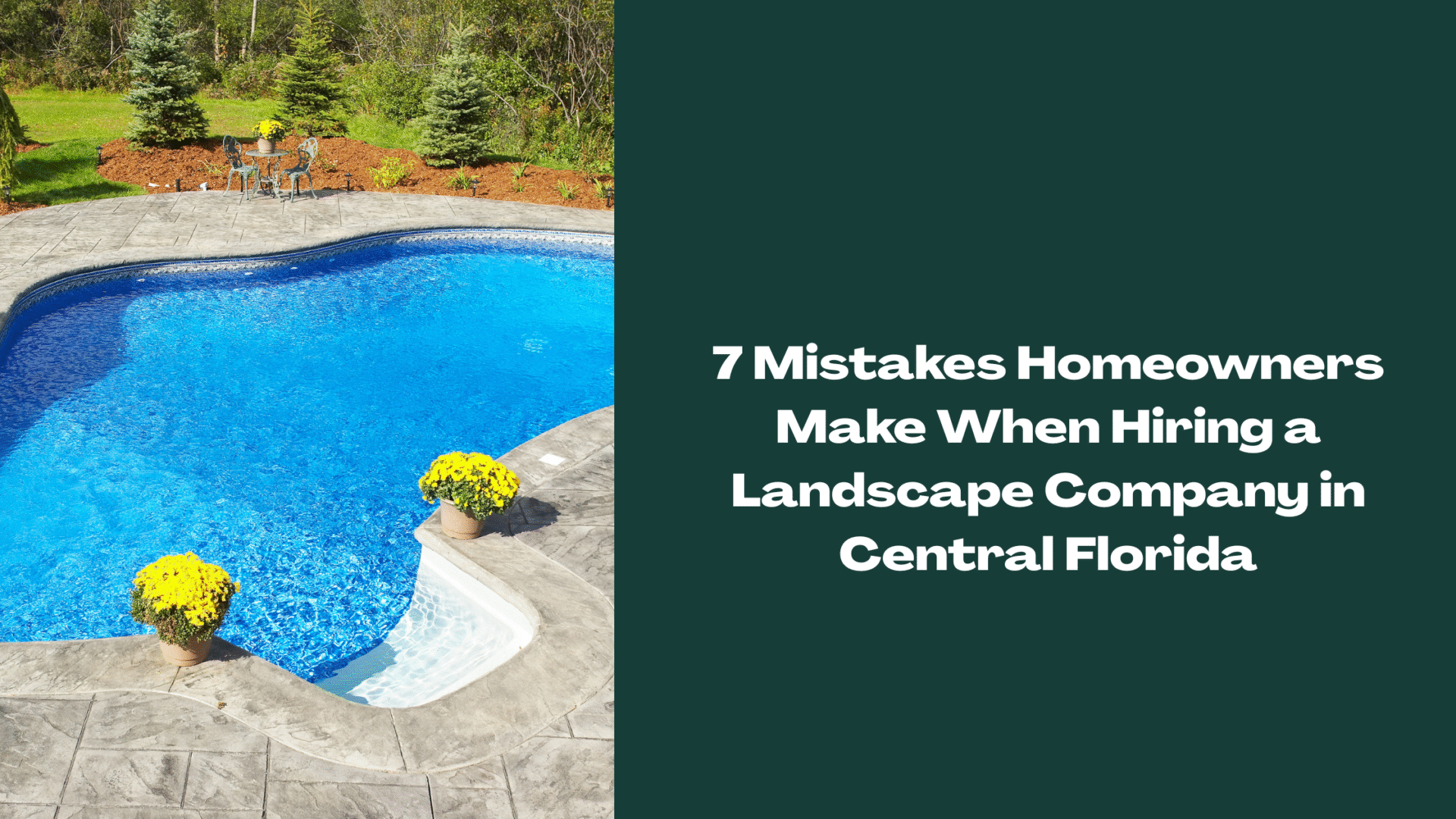 Inground pool with stamped concrete, flower pots, and mulched landscaping — illustrating a professionally maintained residential landscape in Central Florida
