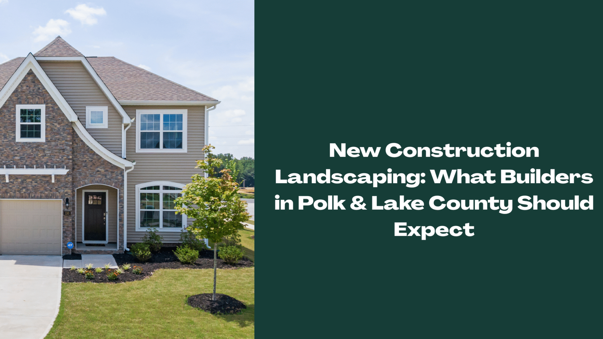 Newly constructed suburban home with fresh sod, young trees, and clean mulch beds — showcasing professional new construction landscaping in Polk and Lake County, FL.
