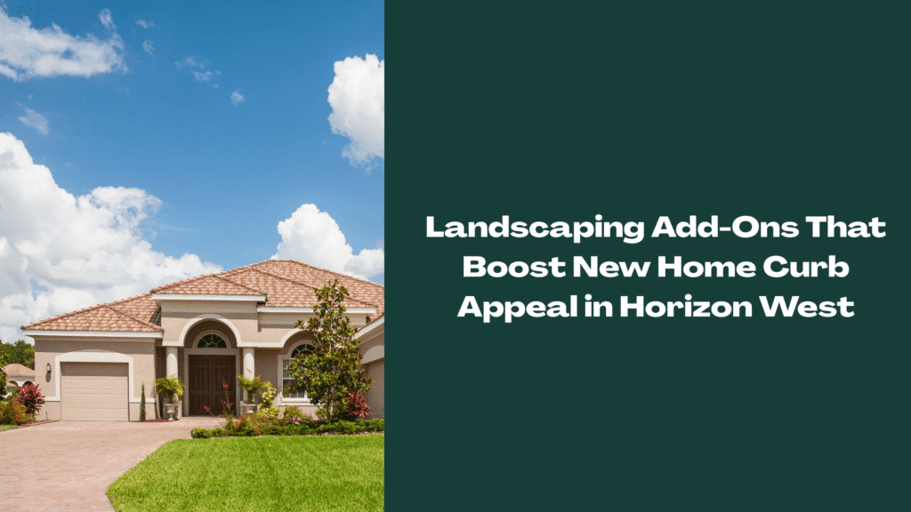 A newly built Florida home in Horizon West with fresh landscaping, including colorful plant beds, young trees, and a well-maintained front yard under a bright blue sky.