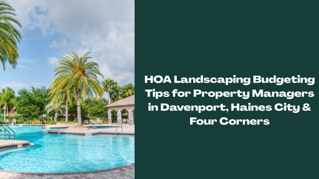 A tropical-style HOA community pool area in Central Florida, surrounded by palm trees, vibrant landscaping, and a covered clubhouse structure, representing well-maintained shared amenities in Davenport, Haines City, or Four Corners.