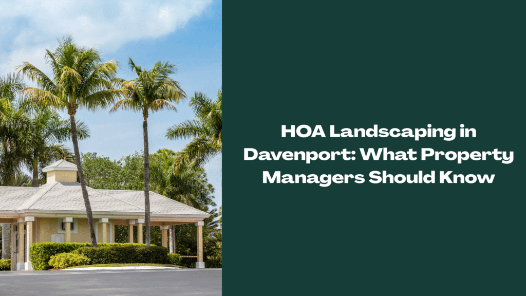 Gated community entrance with palm trees and clubhouse — representing HOA landscaping services in Davenport, Florida for property managers.