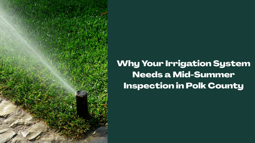 Sprinkler head watering a green Florida lawn near a stone walkway — representing mid-summer irrigation system inspections in Polk County.