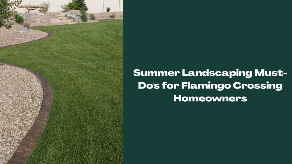 Curved stone and mulch border separating a lush green lawn in a well-maintained Central Florida backyard—ideal example of summer landscaping in Flamingo Crossing.