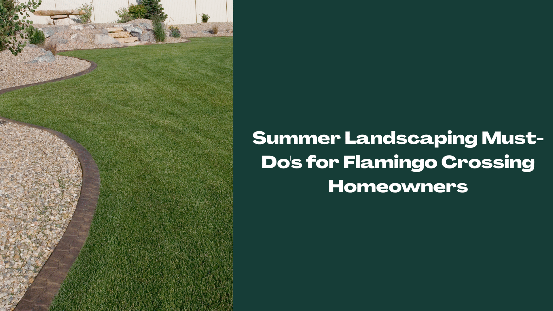 Curved stone and mulch border separating a lush green lawn in a well-maintained Central Florida backyard—ideal example of summer landscaping in Flamingo Crossing.