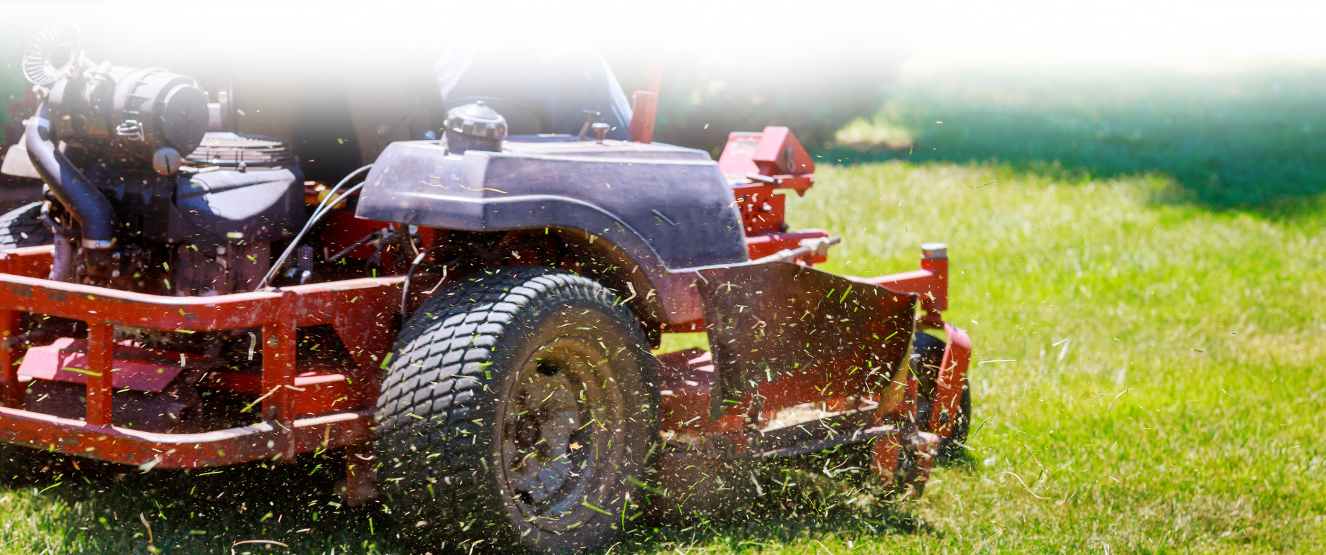 Close-up of a commercial lawn mower in action, cutting grass and spraying fresh clippings on a sunny day in Central Florida.