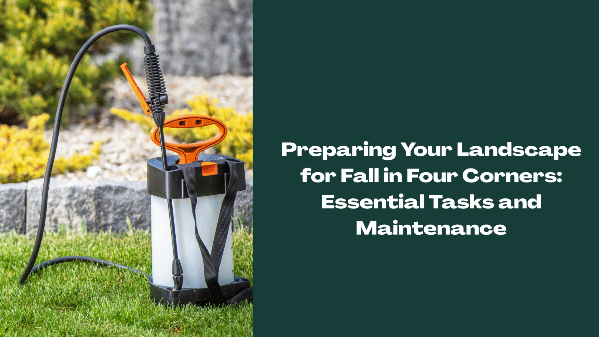 Fall landscaping prep in Four Corners, FL—garden sprayer on green lawn near mulch and shrubs, representing seasonal lawn care and maintenance.