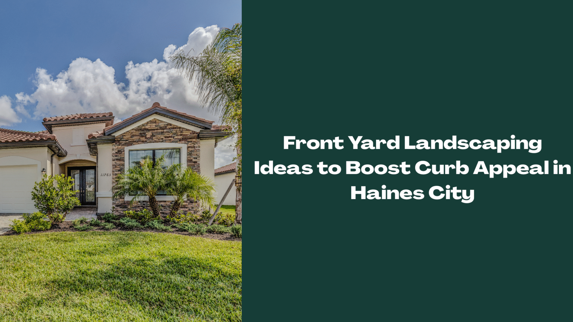 Front yard landscaping in Haines City, FL featuring lush green grass, palm trees, and neatly trimmed shrubs to enhance curb appeal of a modern Florida home.