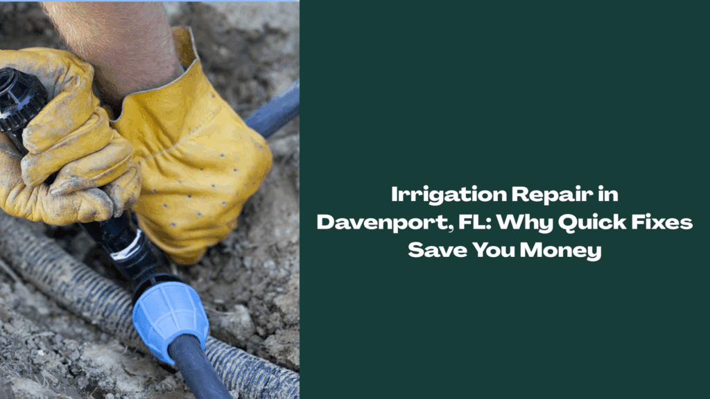 Close-up of a worker’s gloved hands repairing an underground irrigation pipe in Davenport, FL, representing professional sprinkler system repair services.