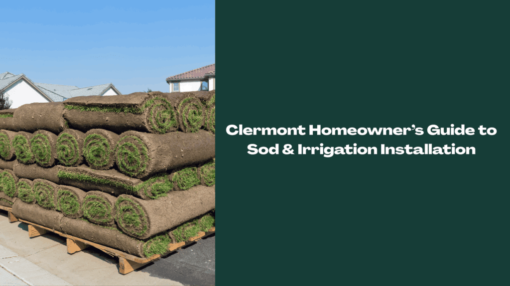 Stacks of fresh sod rolls on pallets in a Clermont, FL neighborhood, representing professional sod and irrigation installation services.