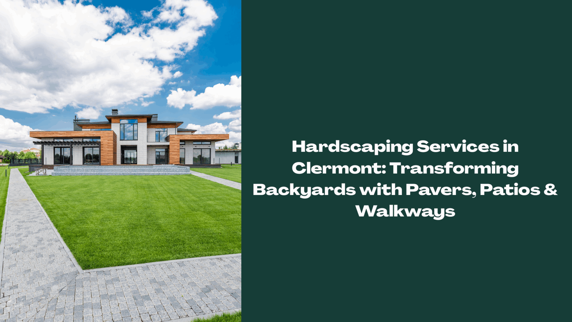 odern Clermont home with stone paver walkway and large patio, showcasing professional hardscaping services with pavers and outdoor design.