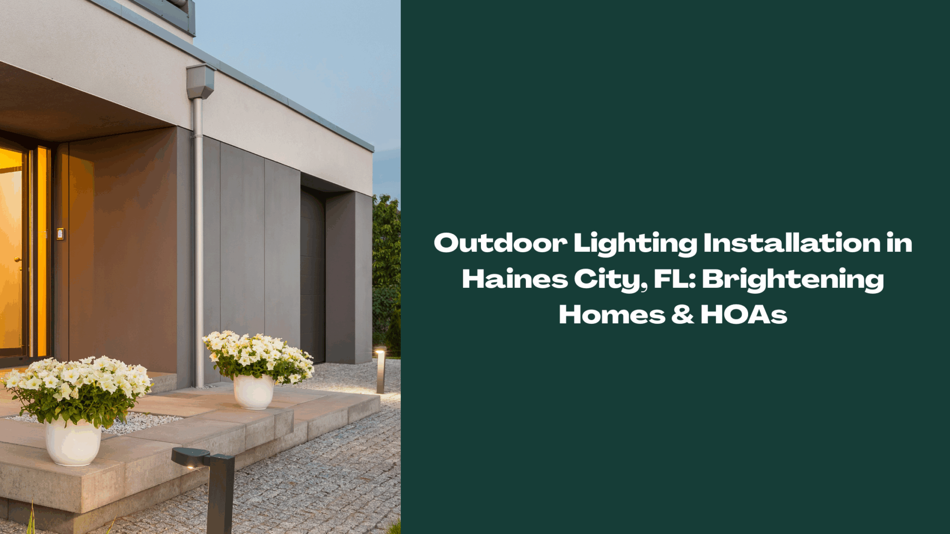 Modern home entrance with professional outdoor lighting installation in Haines City, FL, highlighting walkway and front entry design.