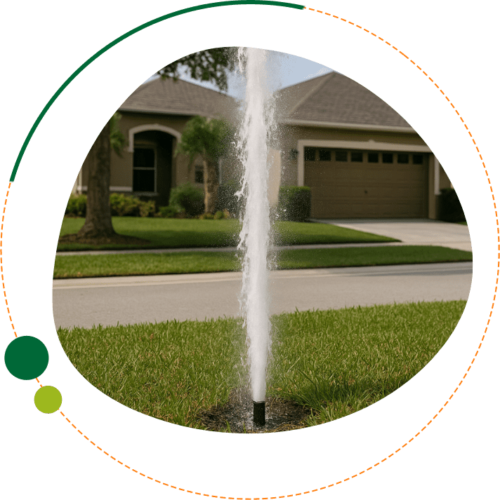 Broken sprinkler spraying water high into the air on a Davenport, Florida lawn in front of a suburban home.