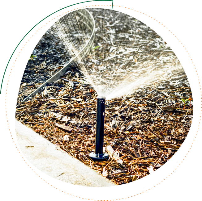 Sprinkler watering landscaped area at a Davenport commercial property, part of an HOA irrigation maintenance program.