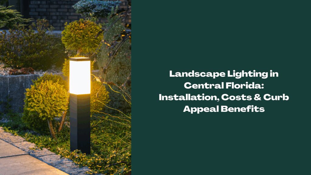 Modern LED landscape path light illuminating a Central Florida yard with shrubs and greenery, showcasing outdoor lighting for curb appeal.