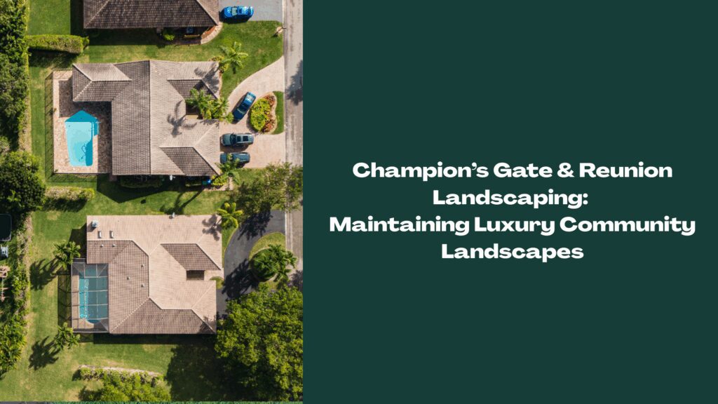 Aerial view of luxury homes and landscaped yards in Champion’s Gate and Reunion, Florida, showcasing well-maintained community landscaping.