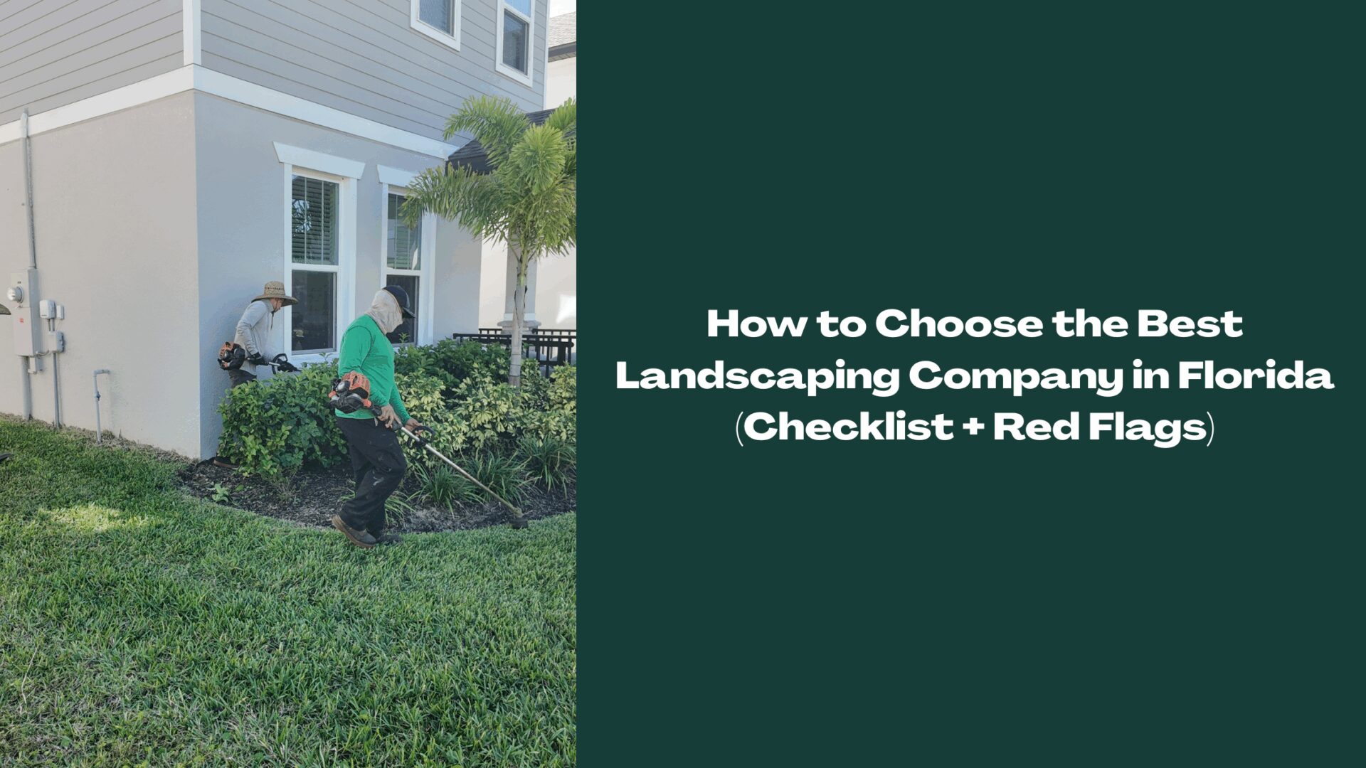 Professional landscaping company in Florida performing lawn edging and shrub trimming at a residential property.
