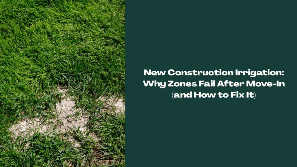 New construction irrigation lawn with a dry patch after move-in, highlighting sprinkler zone failure and how to fix it.