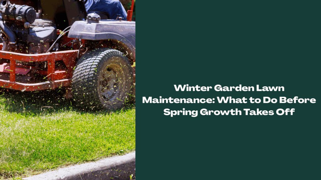 Winter Garden lawn maintenance service mowing a green lawn before spring growth, with text overlay about what to do before spring growth takes off.