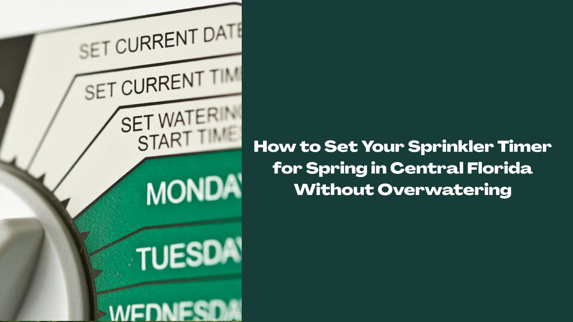 How to Set Your Sprinkler Timer for Spring in Central Florida (without overwatering) — irrigation controller dial showing weekday schedule and watering start-time settings.