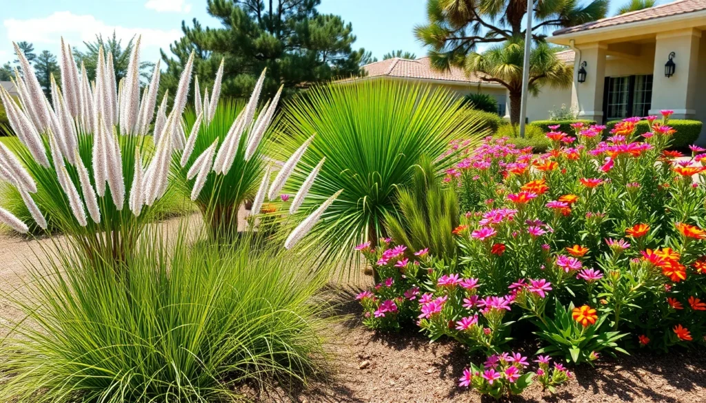 Drought tolerant plants florida landscape with native Muhly grass and Coontie plants in Central Florida residential setting