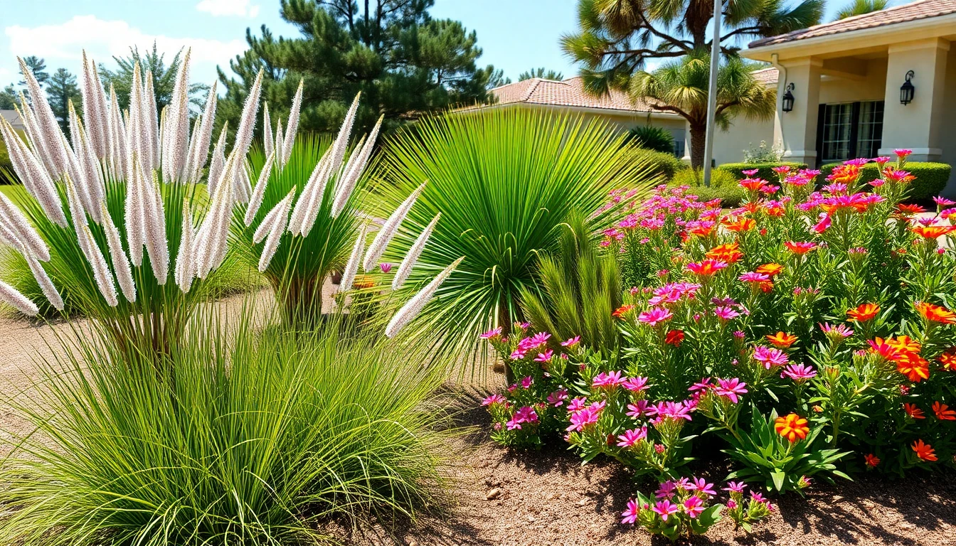 Drought tolerant plants florida landscape with native Muhly grass and Coontie plants in Central Florida residential setting